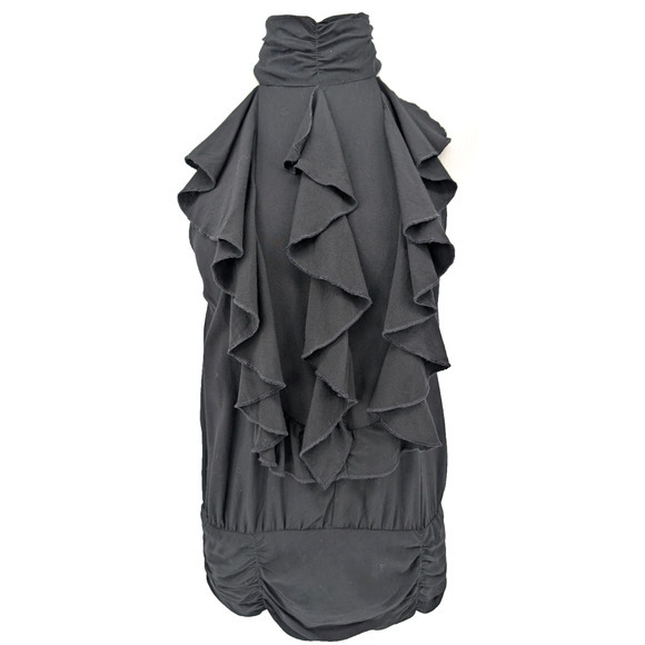 VTG Y2K Rampage Black Whimsigoth Ruffle High Neck Baddie Ruched Sleeveless Top M - Picture 1 of 7